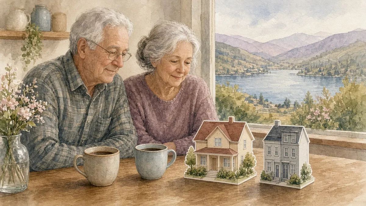 Older couple at a kitchen table comparing a model family house and a smaller townhome while planning to downsize in Kelowna, with an Okanagan lake view behind them