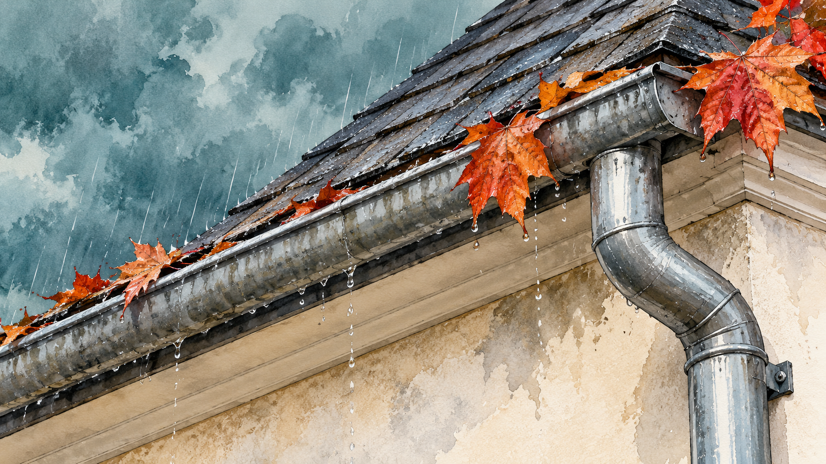 Watercolour close-up of autumn leaves, rain gutter and downpipe along a roof edge in the rain.