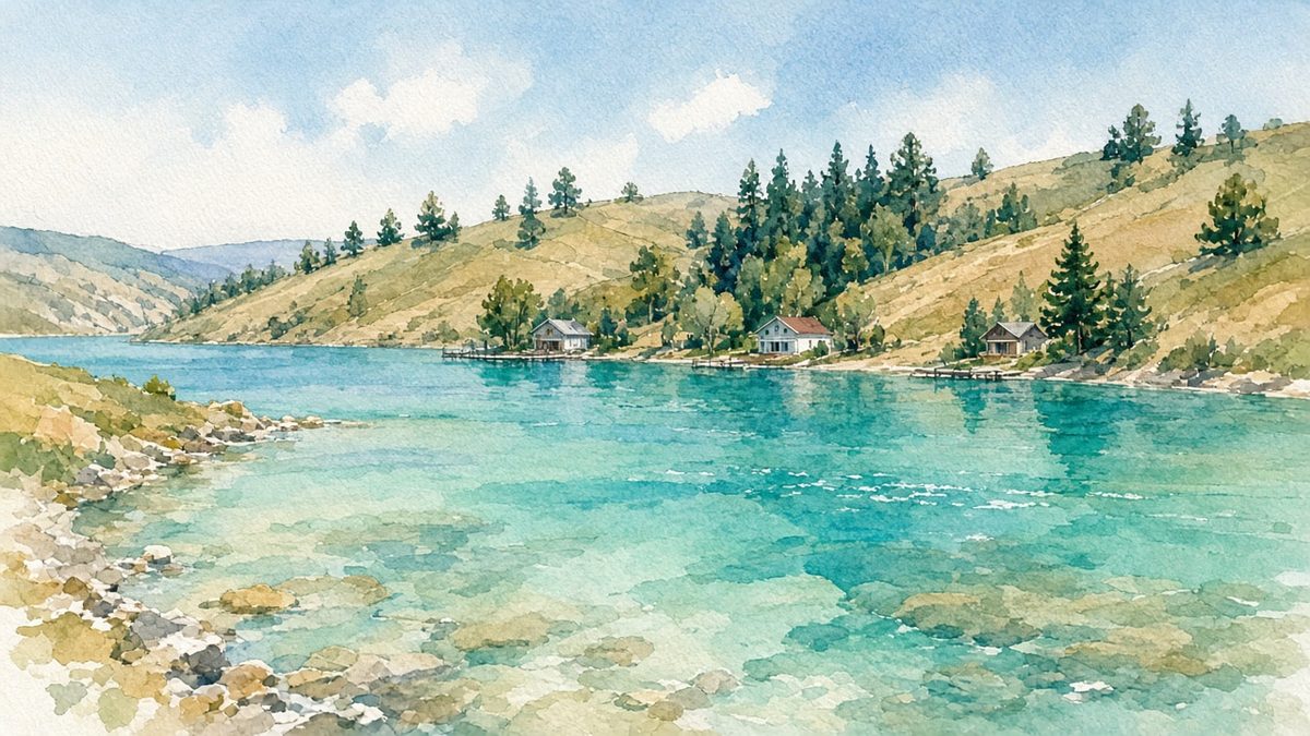 Watercolour of Kalamalka Lake with turquoise and jade water in a sheltered bay, lakefront homes and docks on the far shore and pine-dotted hills
