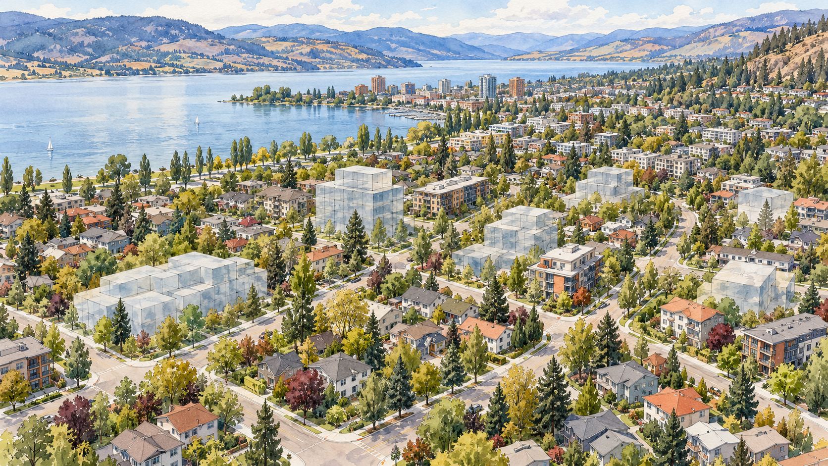 Watercolour bird's-eye neighbourhood with translucent conceptual buildings, lake and hills.
