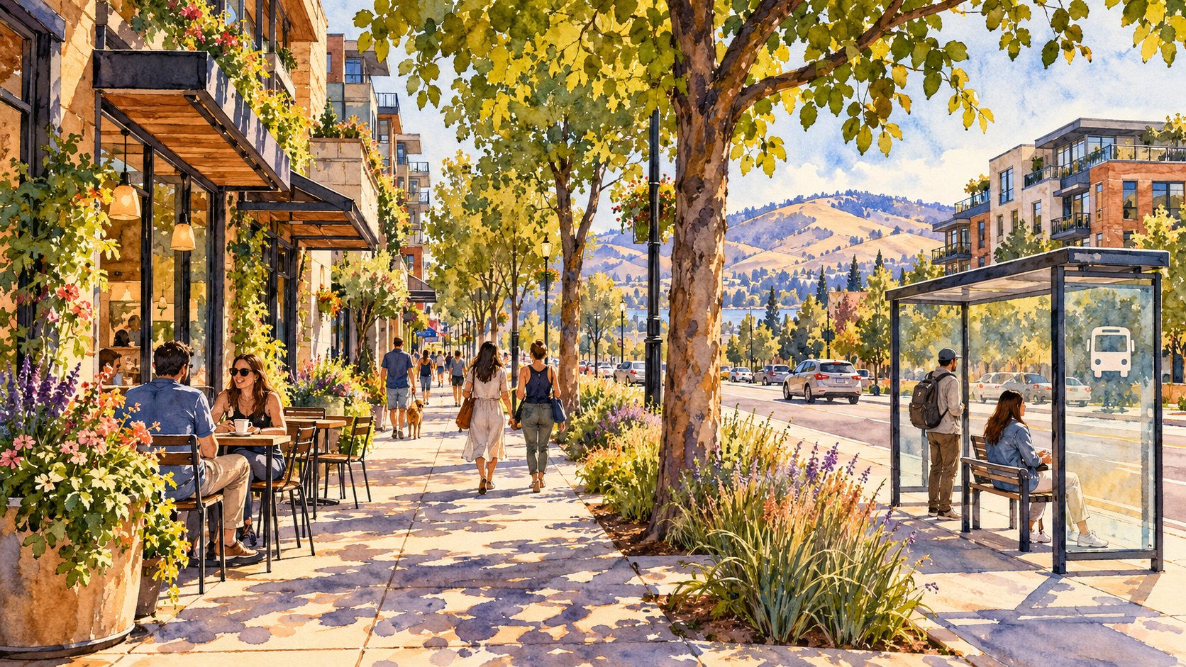 Watercolour streetscape with a tree-lined sidewalk, bus shelter, cafe and apartments.