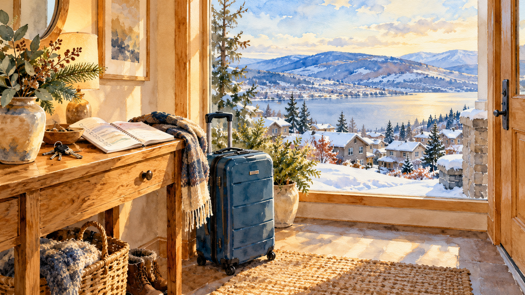 Watercolour of a suitcase, house keys and departure checklist beside a window overlooking a wintry Okanagan neighbourhood.