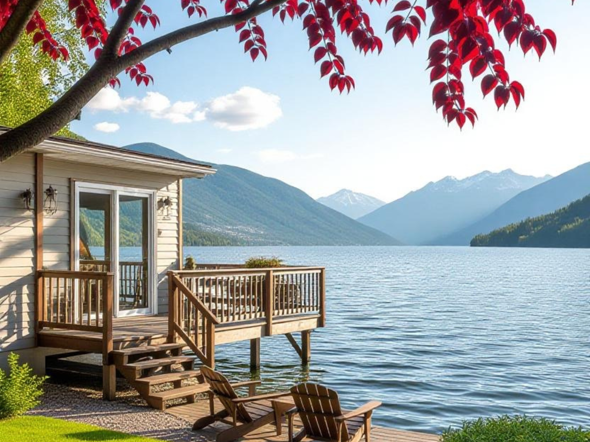 Manufactured home with deck overlooking Okanagan lake and mountains in Kelowna, BC
