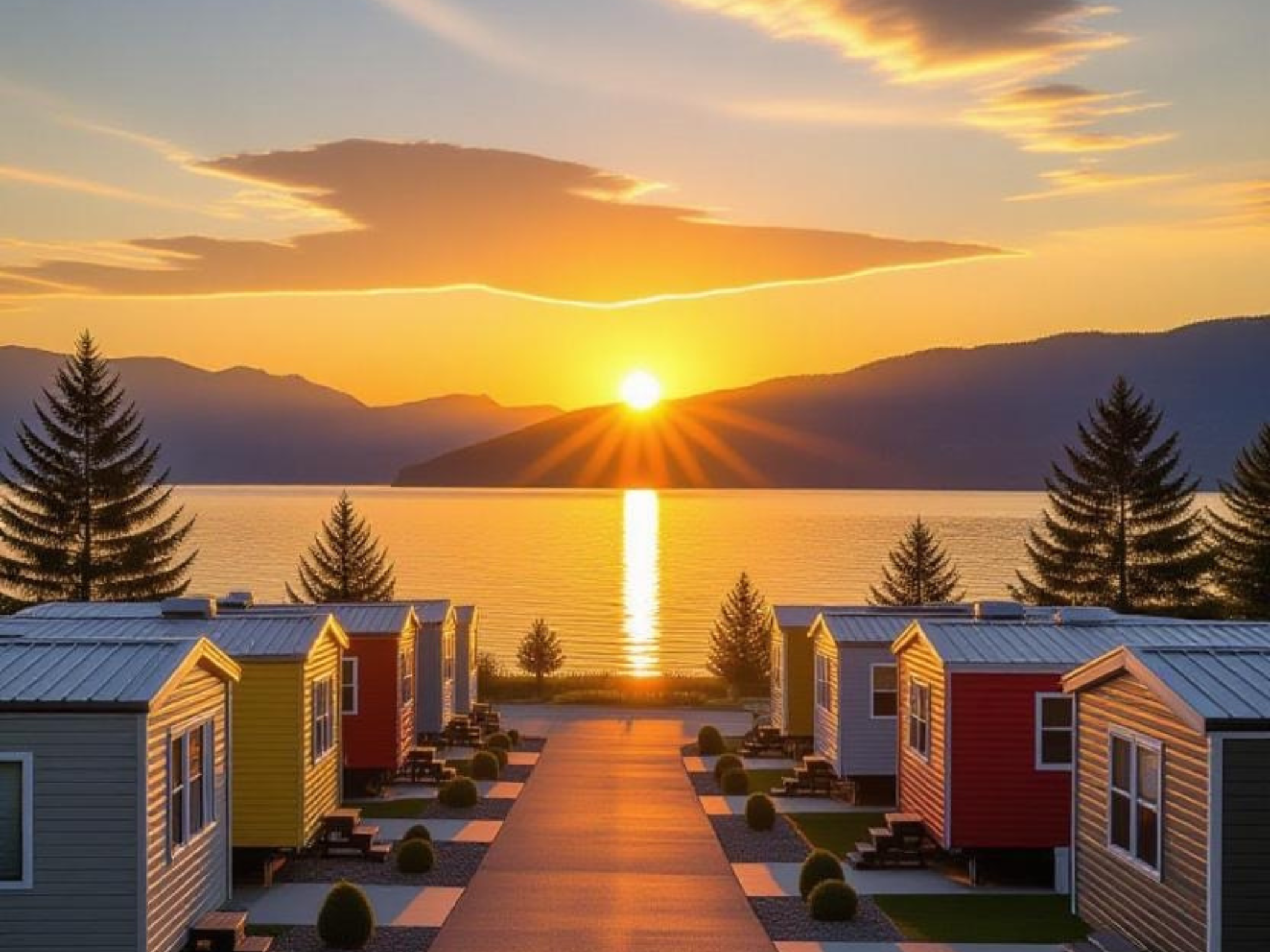 Row of manufactured homes facing Okanagan Lake at sunset in Lake Country, BC