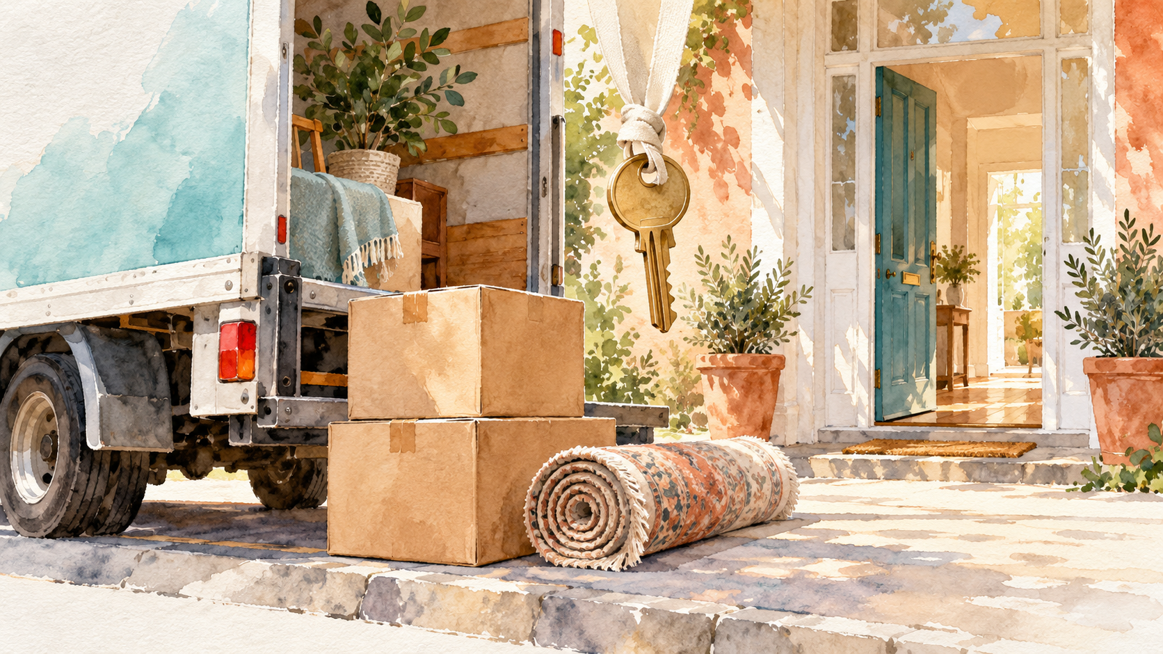 Watercolour moving truck, boxes and a house key beside an open doorway.