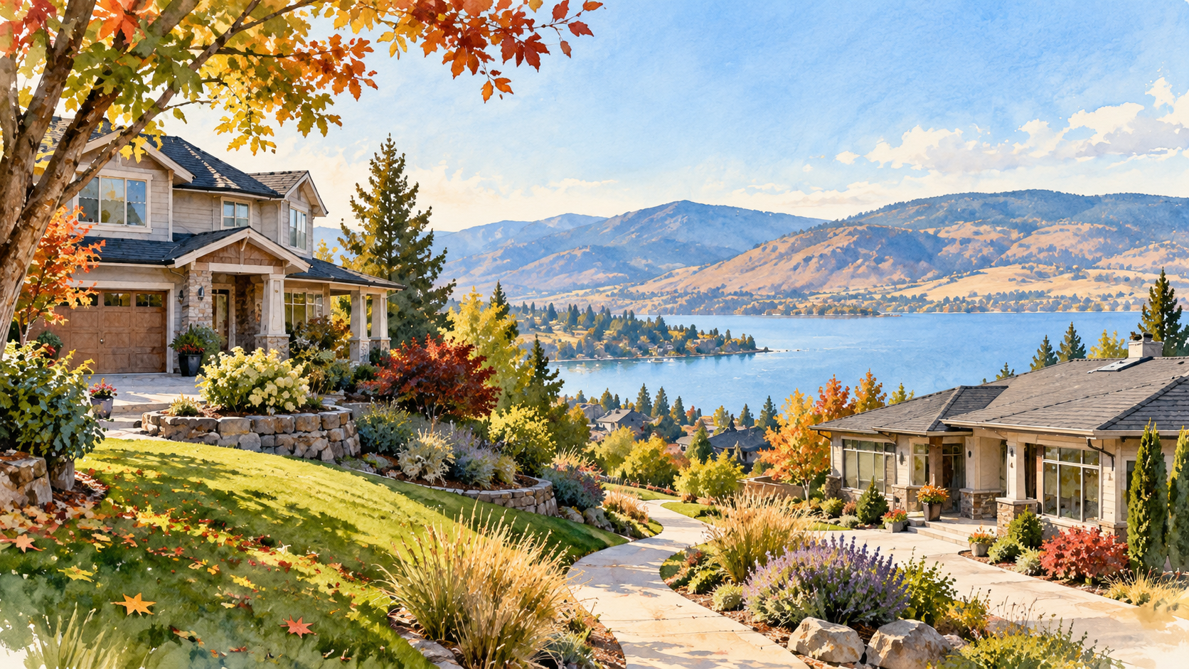 Watercolour illustration of an established Okanagan home, a smaller single-level house and a lake in autumn