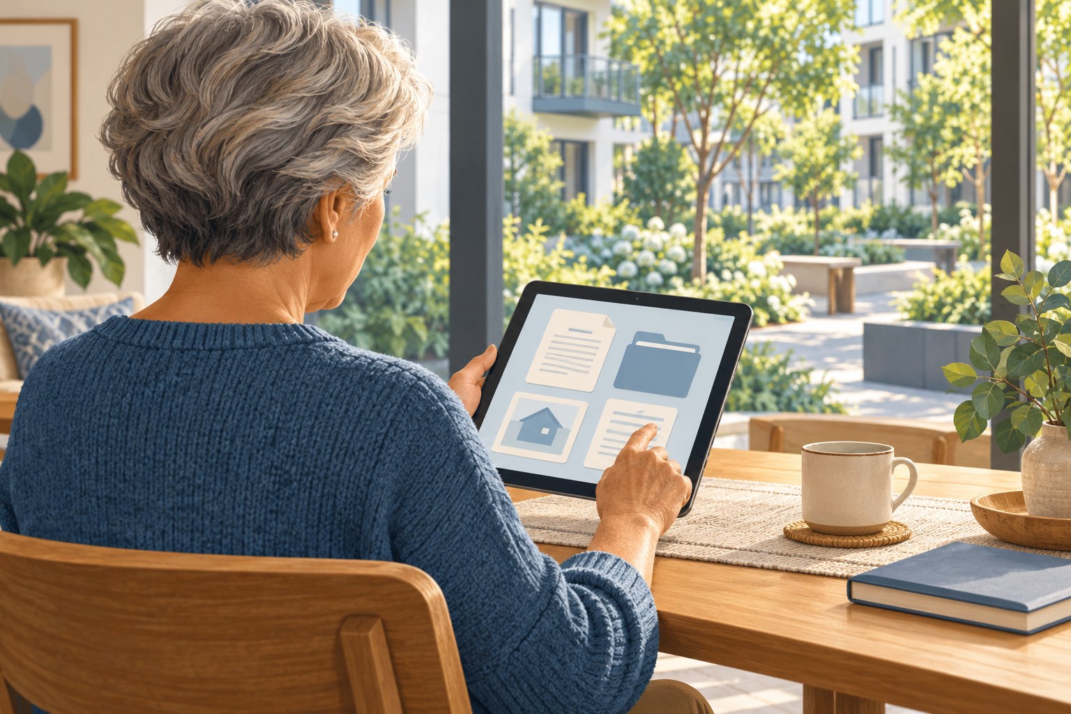 Older condo owner reviewing digital building records on a tablet