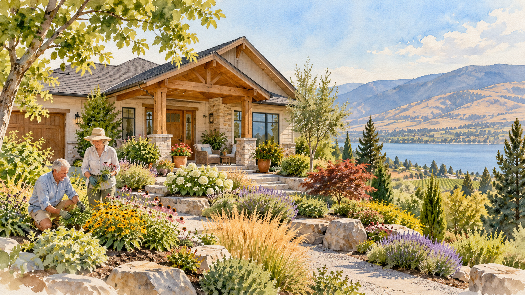 Watercolour illustration of older homeowners gardening beside an Okanagan-style home overlooking a lake and hills.