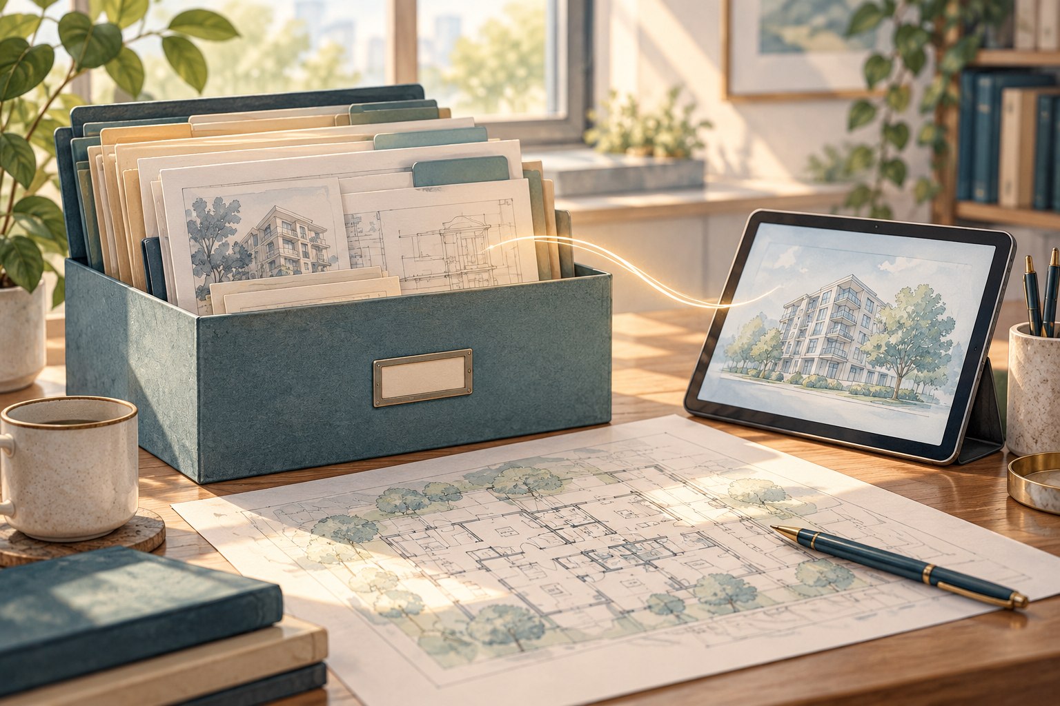 Building records in an archive box beside a digital tablet