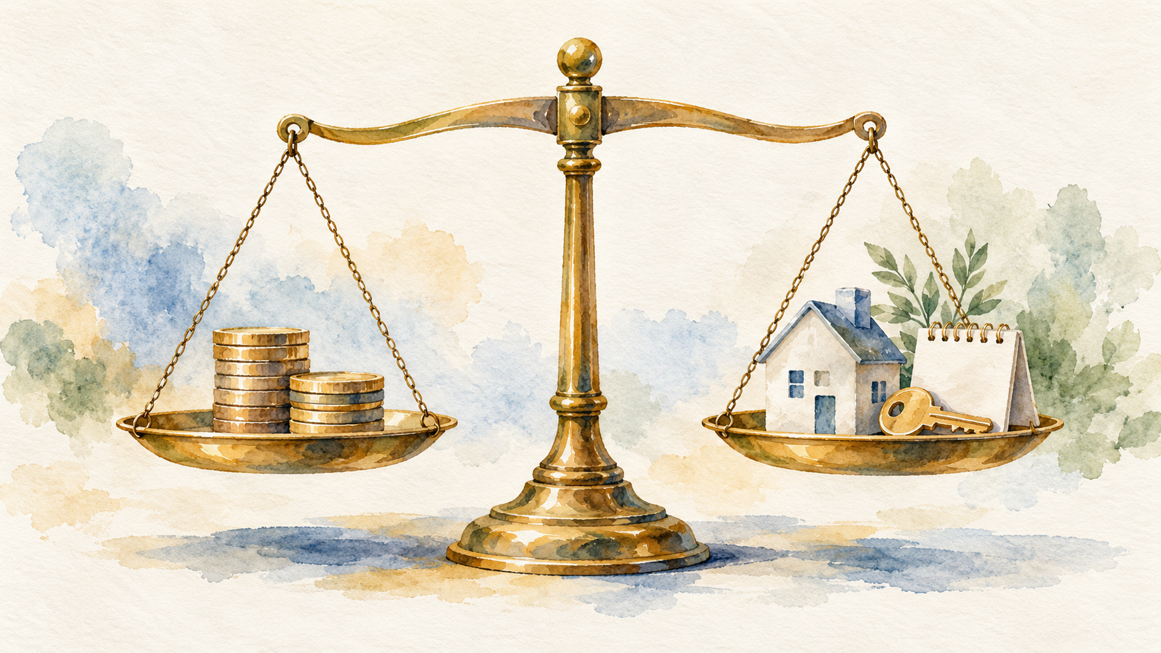 Watercolour balance scale weighing coins against a small house, calendar and key.